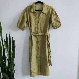 Lalavon Olive Green Ramie Blend Midi Minimalist Dress Size S